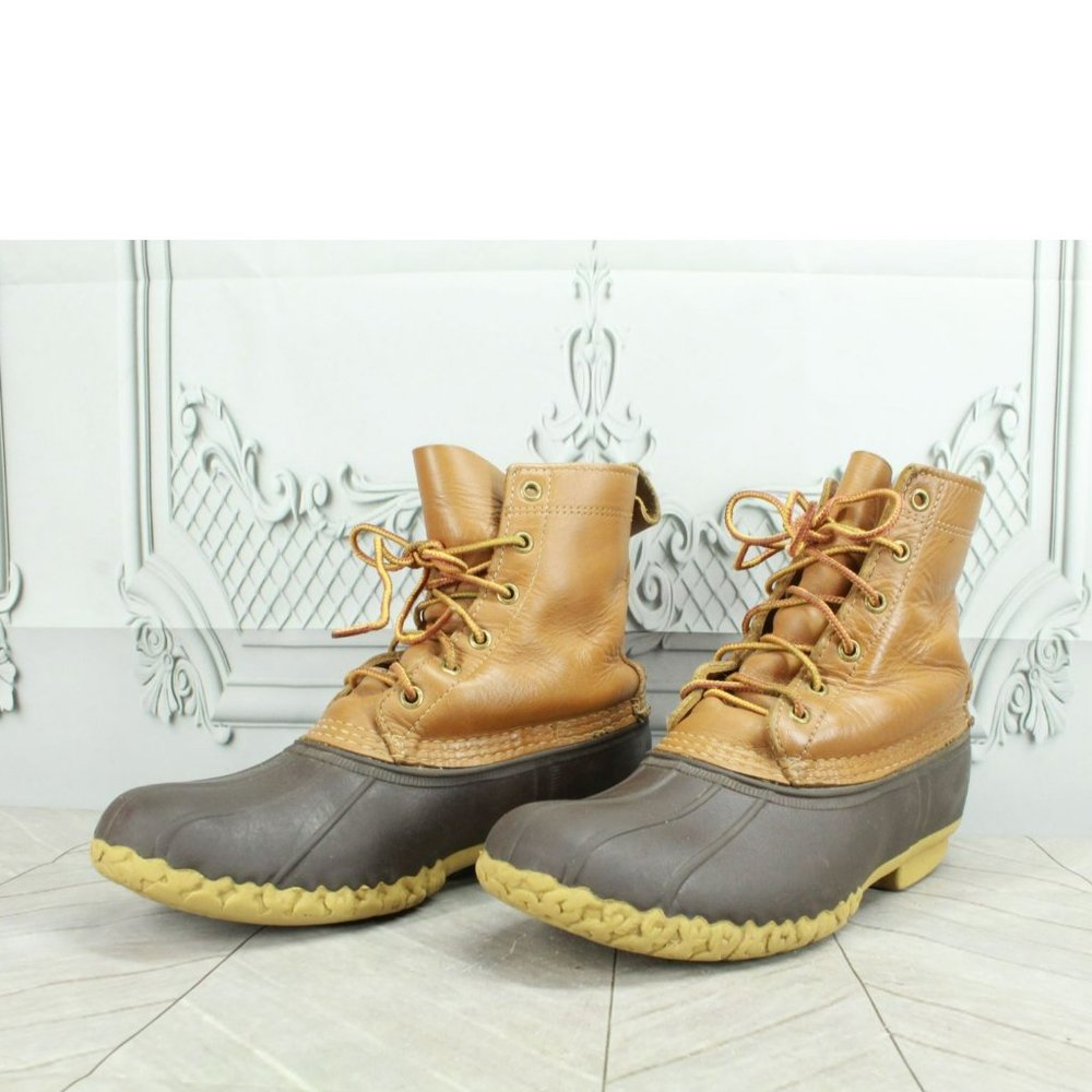 LL Bean Brown Leather Lace Up Unlined Ankle Duck Boots Size 7 M - Picture 2 of 9